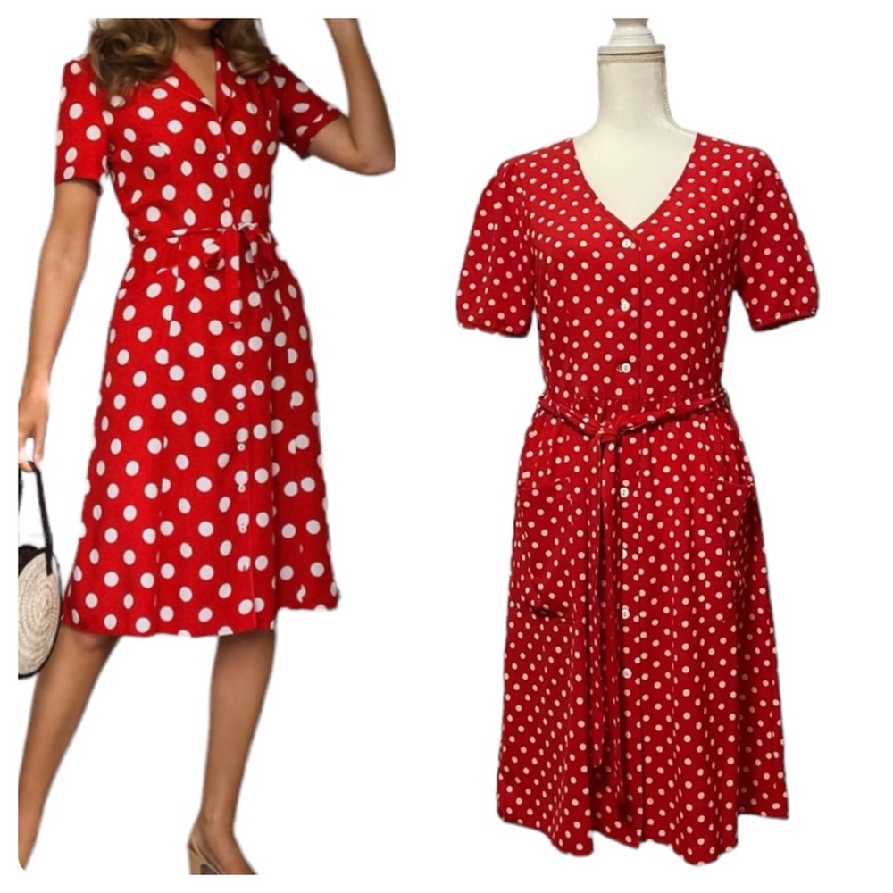 Eva Rose Short Sleeve Polka Dot Belted Dress with Pockets Red